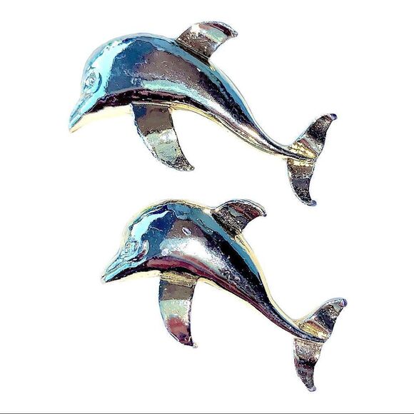 Pair of silver dolfin pins mom baby - Picture 1 of 7